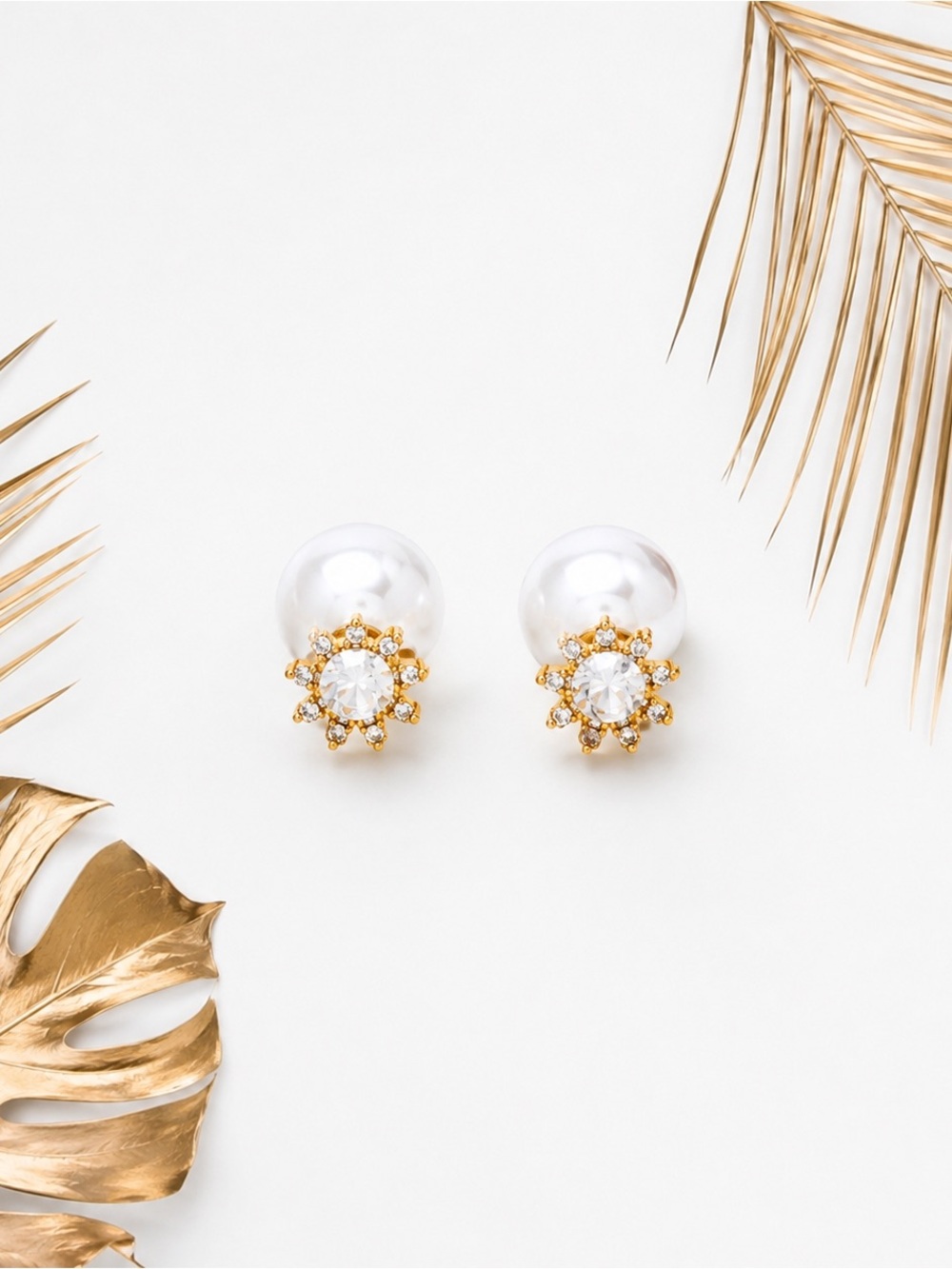 White Crystal Flower Faux Pearl Double-Sided Dior Style Stud Earrings Gold Tone